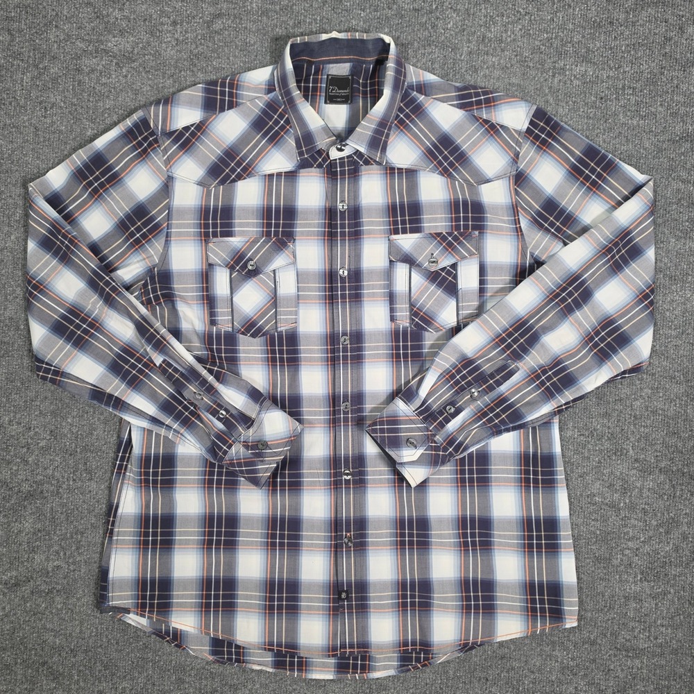 7 Diamonds Mens Western Plaid Button Down Shirt Navy Blue Orange Large